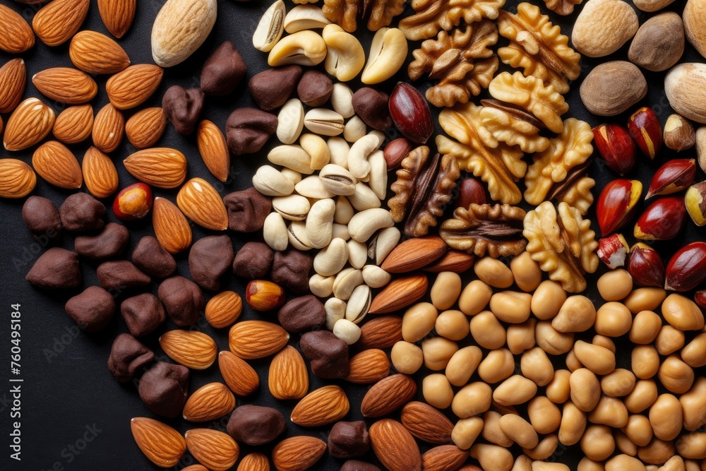 top view of vary kind of nuts and beans with copy space for text. food background for stock photography - generative ai top view of vary kind of nuts and beans with copy space for text. food background for stock photography - generative ai
