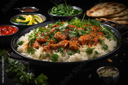 A top-down shot of a spicy chicken curry with a medley of aromatic spices, served over a bed of fluffy basmati rice