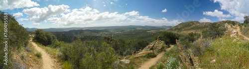 A panoramic view of a mountain range with a clear blue sky