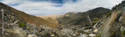 A panoramic view of a mountain range with a few trees and a rocky hillside
