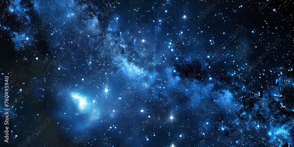 A vast blue space is densely filled with numerous bright stars, creating a mesmerizing cosmic scene