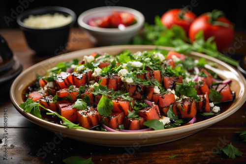 A vibrant and refreshing watermelon salad, featuring feta cheese, mint leaves, and a zesty balsamic glaze