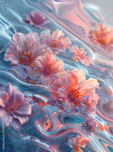 A cluster of vibrant pink flowers gracefully drifts on the surface of the liquid, resembling a delicate painting in shades of pink and orange