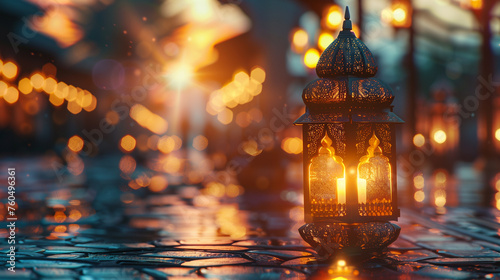 Ornamental arabic lantern with burning candle glowing, islamic concept