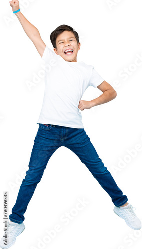 Cute Asian mixed-race boy jumping and raising hand up PNG file no background
