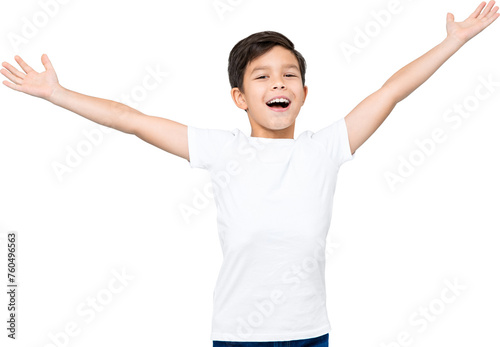 Cute smiling handsome mixed-race boy with open arms PNG file no background 