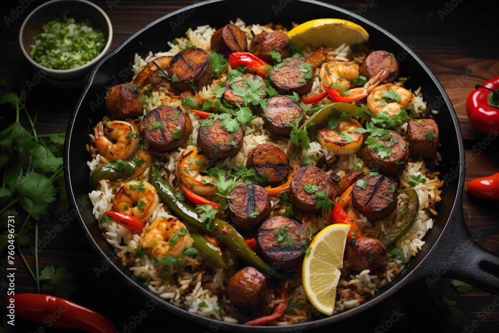 An overhead shot of a spicy jambalaya, packed with a medley of meats, aromatic spices, and a hearty serving of rice