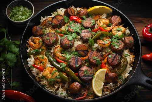 An overhead shot of a spicy jambalaya, packed with a medley of meats, aromatic spices, and a hearty serving of rice