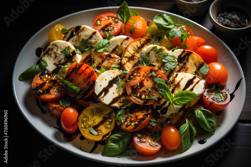 An overhead view of a colorful and refreshing caprese salad, featuring ripe tomatoes, mozzarella cheese, and a drizzle of balsamic reduction