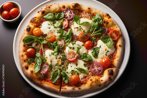 An overhead view of a gourmet margherita pizza, with bubbling cheese, ripe tomatoes, and fragrant basil on a crispy crust