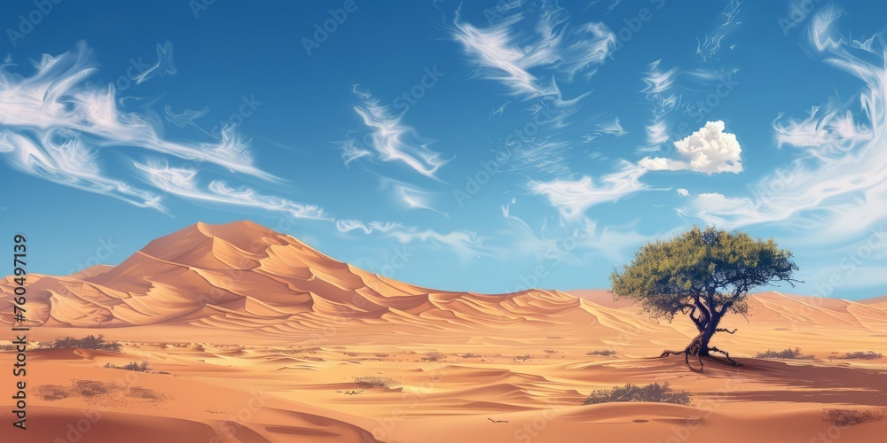 Fototapeta premium A tree stands tall amidst a dry and desolate desert landscape under a clear sky