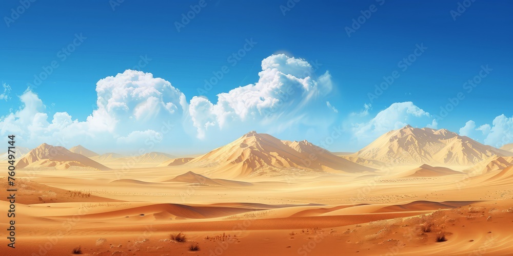 A painting depicting a desert landscape with towering mountains in the distance under a clear blue sky