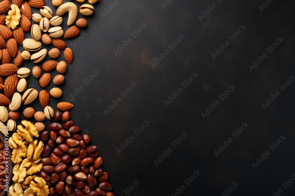 top view of vary kind of nuts and beans with copy space for text. food background for stock photography - generative ai - obrazy, fototapety, plakaty 