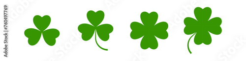 Flat shamrock icons set. Clover three and four leaves logo. Green floral symbol.