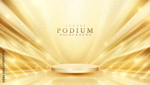 Luxury Podium Background .Empty circular stage bathed in golden spotlight beams with sparkling particles, ideal for product display.