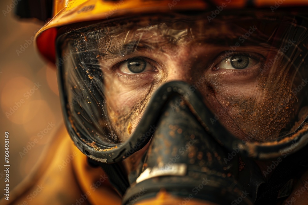 Close-up of a focused earthquake response specialist wearing safety gear