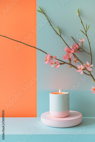 Relaxing set up of lit candle and floral cherry branches  on minimalistic pastel background photo