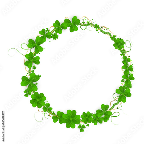 Realistic shamrock wreath. Round Clover frame. Green leaves floral garland. Trefoil border.