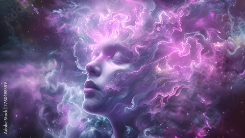 Artistic digital representation shows a human figure with cosmic energy emanating from their head, blending into a starry space background photo