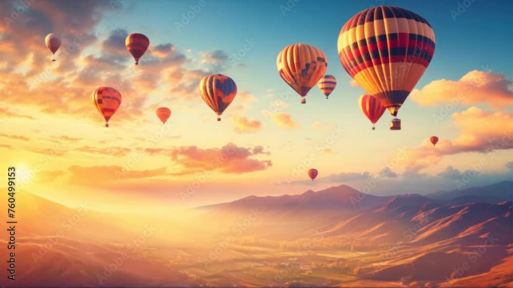 Colorful Hot Air Balloon Soaring through Sunset Sky
