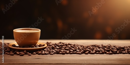 cup of coffee with coffee beans on a wooden table Generative AI