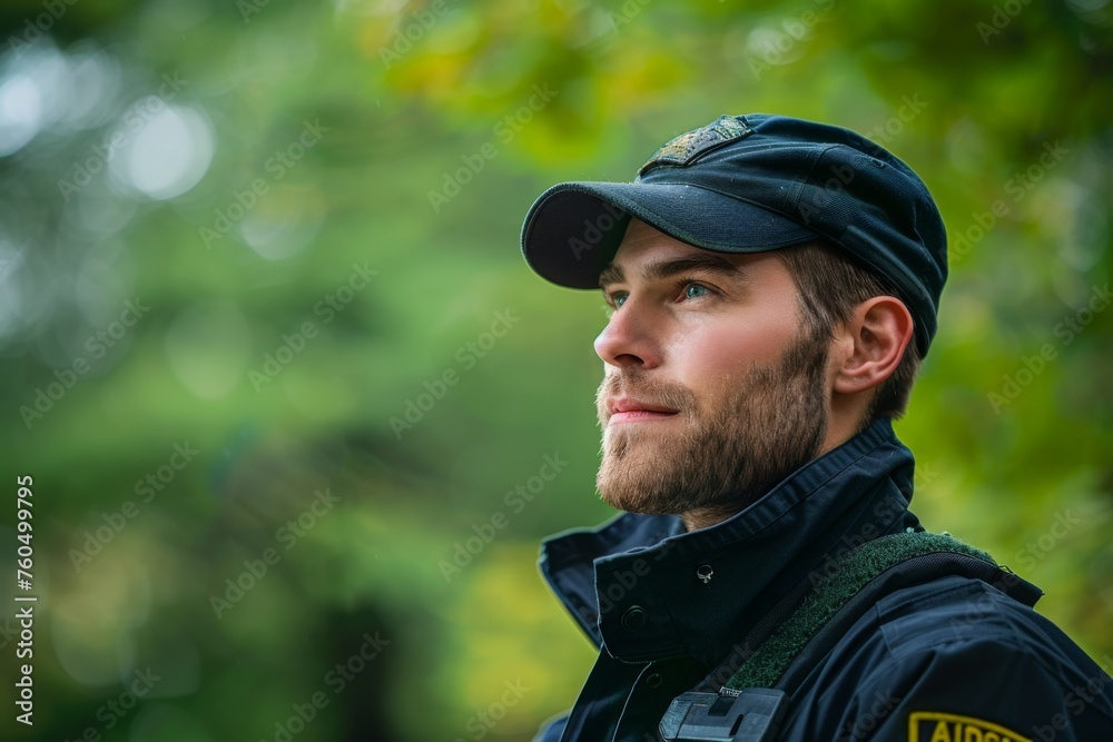 Fototapeta premium Focused environmental police officer patrolling in a lush park, close-up portrait