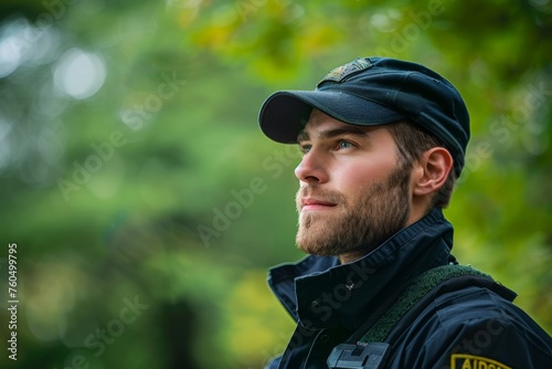 Focused environmental police officer patrolling in a lush park, close-up portrait