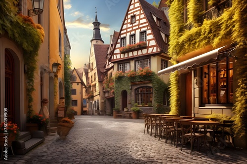 A charming cobblestone street in a historic European town, lined with quaint cafes and shops. 
