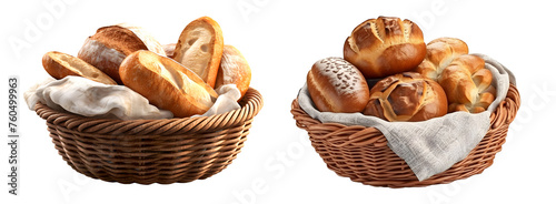 Fresh bread rolls in a woven basket on the transparent background. Fresh bread for breakfast. Food photography.	
