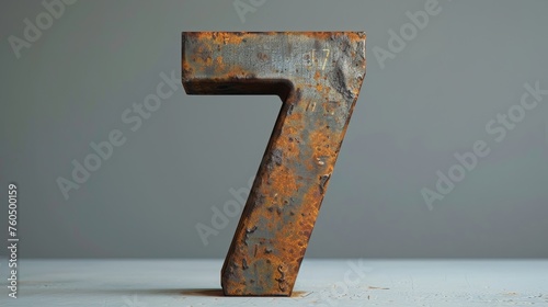 number 7 in rusty steel, neutral background, concept: magnificent 7, tech bubble, copy space, 16:9