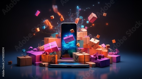 A smartphone with a mobile payment app surrounded by shopping bags and business symbols, illustrating the role of technology in e-commerce and retail business, Mobile commerce technology concept photo