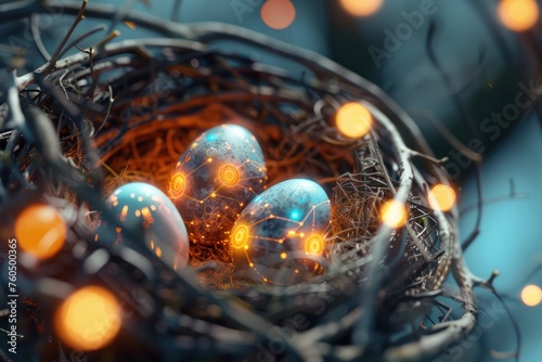  Futuristic Easter eggs with glowing blue circuits in a wireframe nest