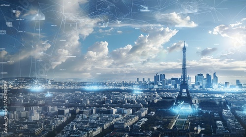 digital wireframe of paris landscape, digital art, copy space, 16:9