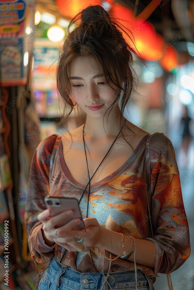 Obraz premium A young woman using her smartphone in the city, enjoying modern technology and urban lifestyle.