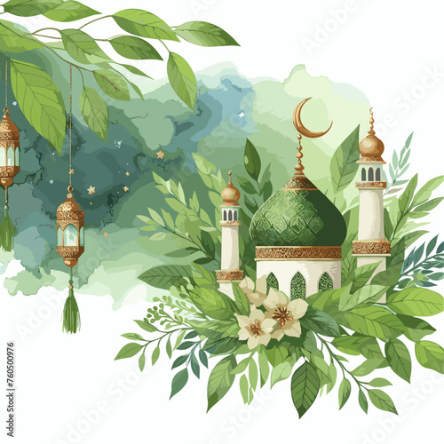 Ramadan greeting card background with green leaves photo