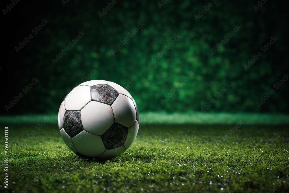 Football on grass by pitch marking soccer game field. High quality photo