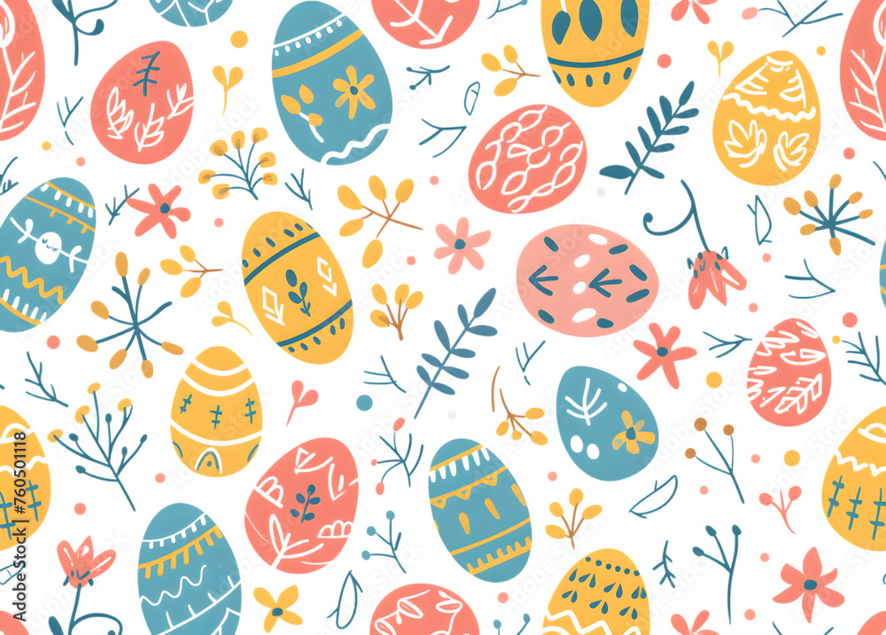 Cute Easter pattern with eggs and flowers, pastel colors, simple line art in the style of colorful cartoon, white background, png transparent