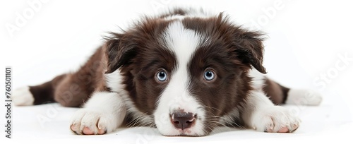 Adorable Border Collie Puppy with Blue Eyes Relaxing on White Background