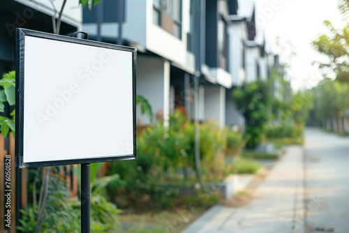 Property Signboard in front of the house  empty real estate selling sign. copy space for text on the sign board.