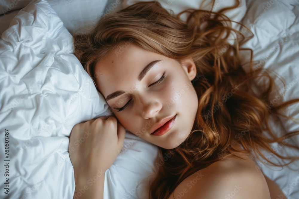 beautiful young smiling woman sleeping in bed beautiful young smiling woman sleeping in bed