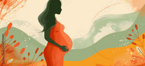 Abstract colorful illustration of a pregnant woman's belly from the profile with color waves and lines around. 