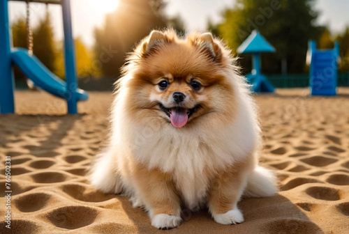 Portrait of fluffy puppy of Small German Pomeranian on dog playground. White funny little German Spitz dog playing on walk in nature, outdoors. Pet love concept. Copy space for site