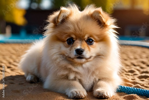 Portrait of fluffy puppy of Small German Pomeranian on dog playground. White funny little German Spitz dog playing on walk in nature, outdoors. Pet love concept. Copy space for site