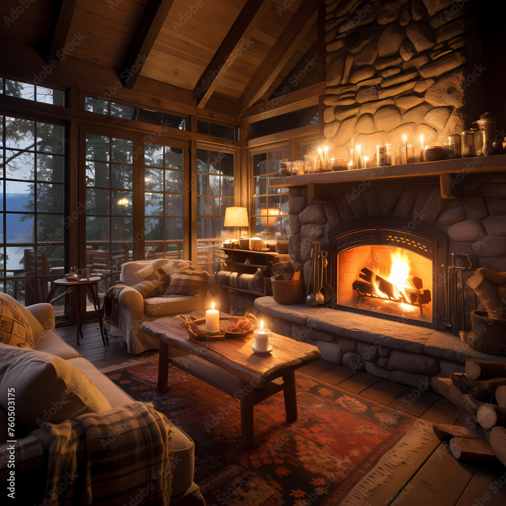 A cozy fireplace in a cabin with warm inviting lights