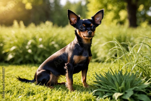 Russian toy Terrier dog sitting on lawn. Close up of tame dog of toy Terrier breed running on grass in nature. Purebred small pocket Pets. Walking Pets in Park photo