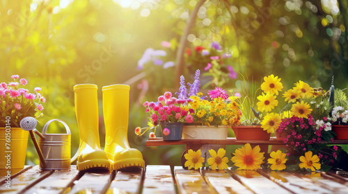 Bright garden scene with bright yellow rubber boots, colorful potted flowers and a watering can set on a wooden table bathed in warm sunlight