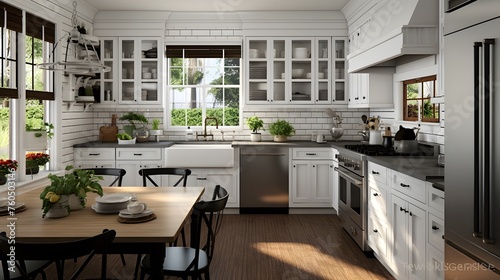  a refined Colonial Revival kitchen with white cabinetry  subway tile backsplash  and a farmhouse sink overlooking the garden 