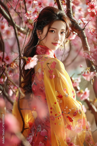 a beautiful young Vietnamese woman in ao dai standing with flowers, cherry blossoms background © Kien