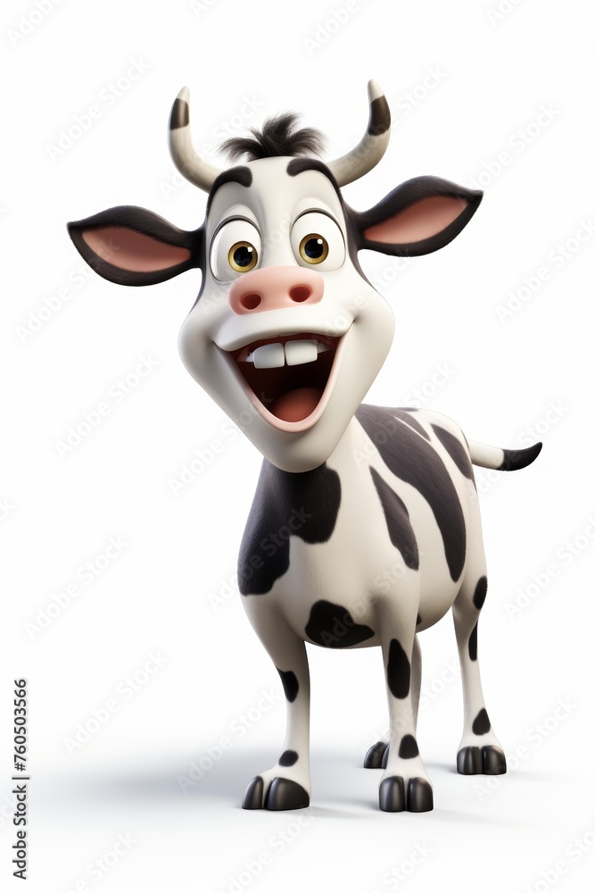 Playful 3d cartoon cow character standing alone on a white background, perfect for humorous designs