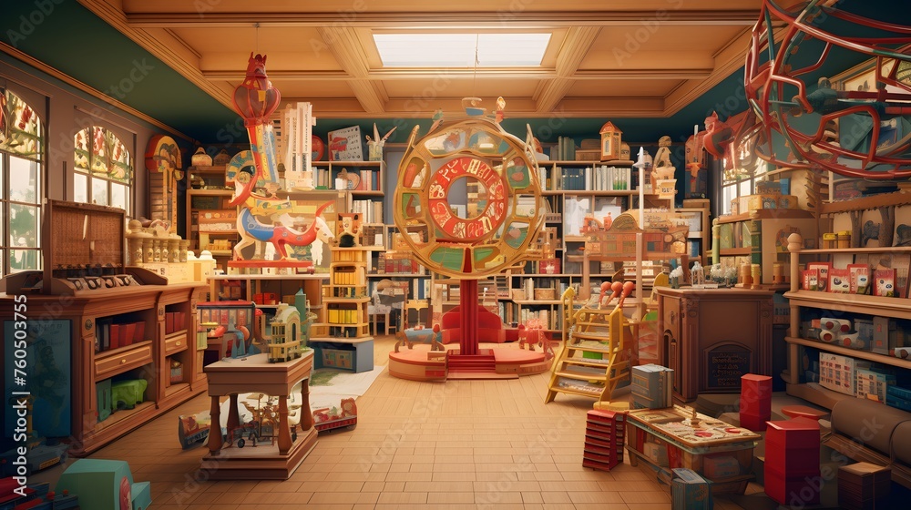  a vintage toy store with wooden rocking horses, porcelain dolls, and shelves filled with classic board games
